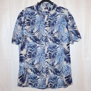 Cotton & Co. Blue Tropical Botanical & Palm Leaf Button Up Shirt. XL. NWOT.